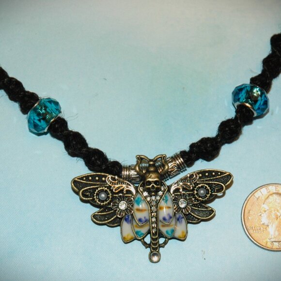 Gothic Steam Punk Skull Moth on a 20 1/2" Handmade Hemp Black Chain - Picture 3 of 5